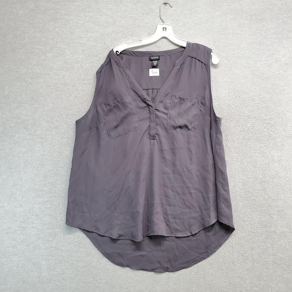 Torrid Women Top 0 Gray Challis Button Tank Hi-Low Hem Pockets V Neck Sleeveless